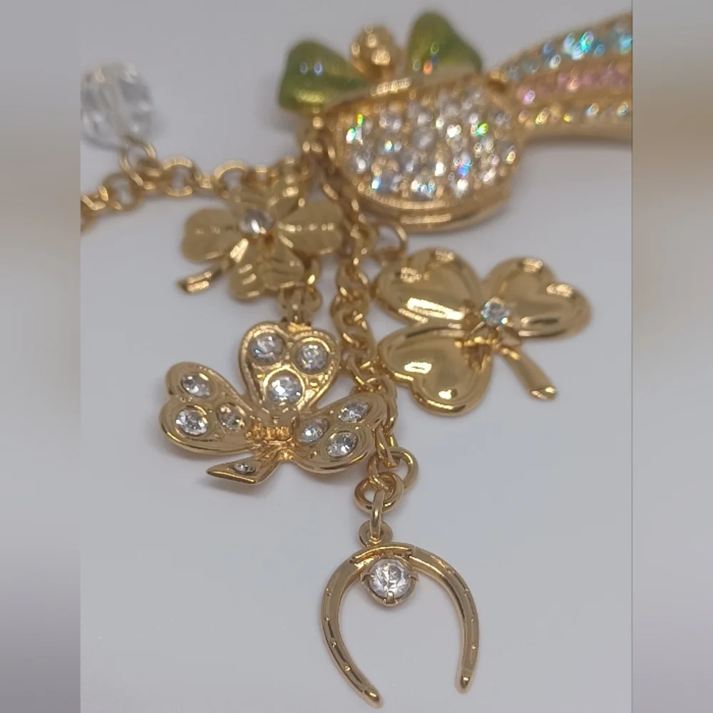 Vintage Kirks Folly Rainbow Clover Lucky Pot Of Gold Dangle Rhinestone Brooch